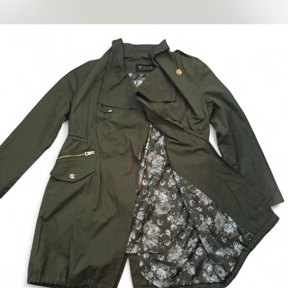 Guess Dark Green Trench Coat with Floral Lining